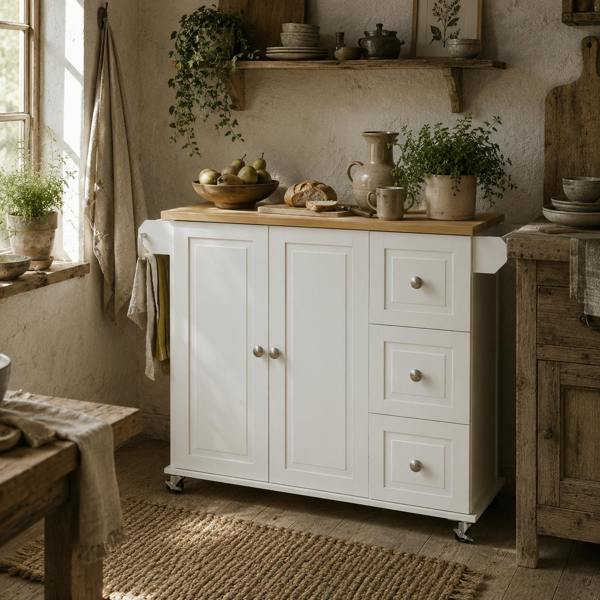 Wyld Haus Tanalo Wooden White Rolling Kitchen Island With Drop Leaf Drawers Towel And Spice Racks