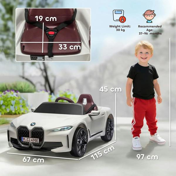 White kids electric ride-on car with maroon seats, shown with child and size guide.