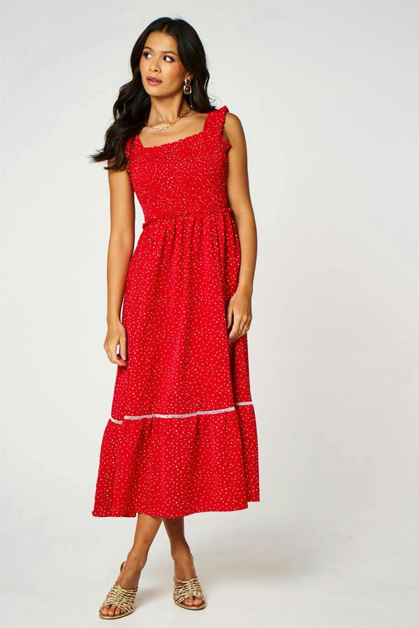 FS Collection Dot Print Hem Detail Maxi Dress In Red