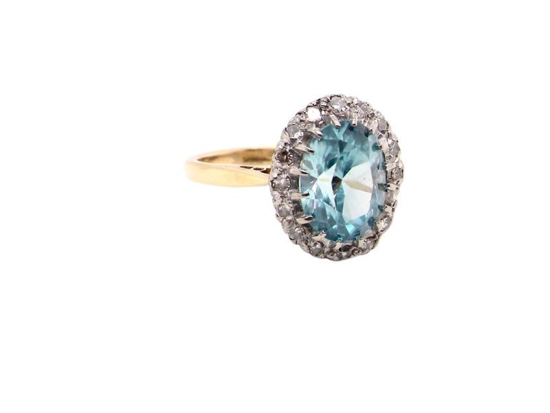 Blue Zircon and Diamond Ring