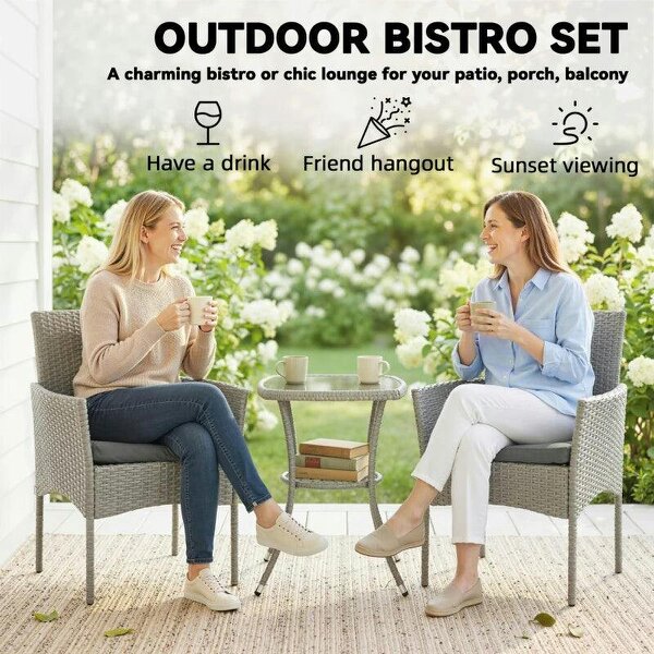 3 Piece Rattan Bistro Set, PE Wicker Garden Furniture Conversation Set with 2 Tier Glass-Top Table, Chairs, Dark Grey