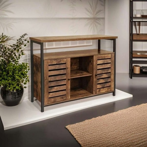 Modcraft Rustic Floor Standing Cabinet with Louvred Doors – Kitchen Storage Cupboard with Shelves, Industrial Style