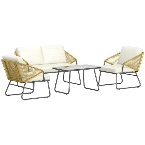Wyld Haus Lupano Natural Rattan Rope White Cushions 4 Seater Outdoor Sofa Set with Square Table