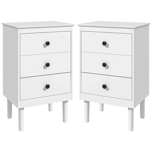 Set of two white three-drawer bedside tables with four black knobs and flat tops.