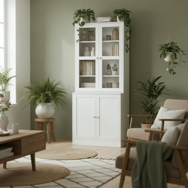 Wyld Haus Mola Colu Wood And Glass White Display Bookcase With Adjustable Shelves And Glass Doors