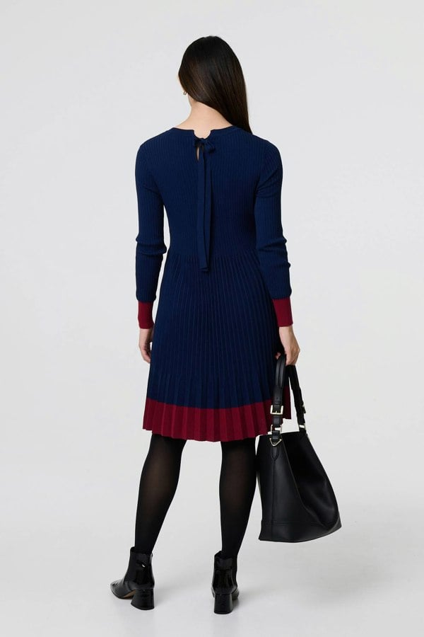Navy | Colour Block Tie Neck Short Jumper Dress
