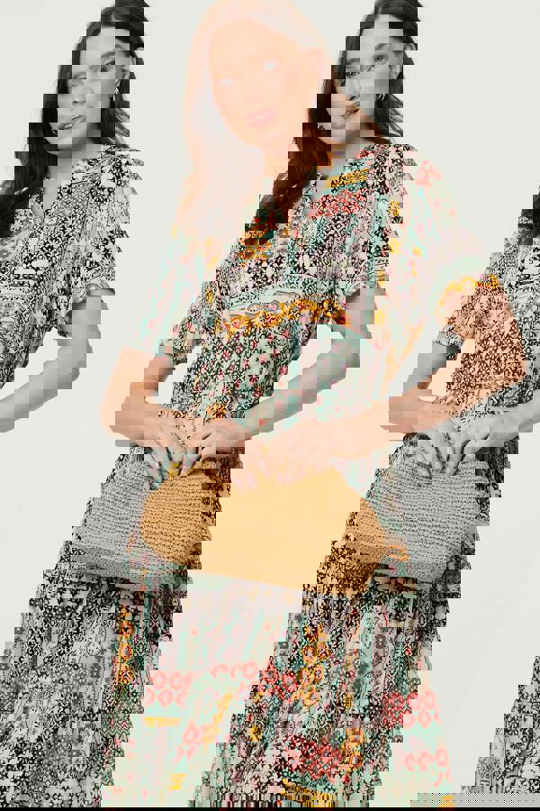 Sage | Abstract Short Sleeve Tie Midi Dress