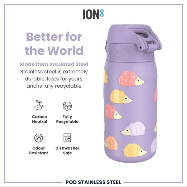ION8 Leak Proof Thermal Steel Water Bottle, Insulated Steel, Hedgehogs, 320ml (11oz)