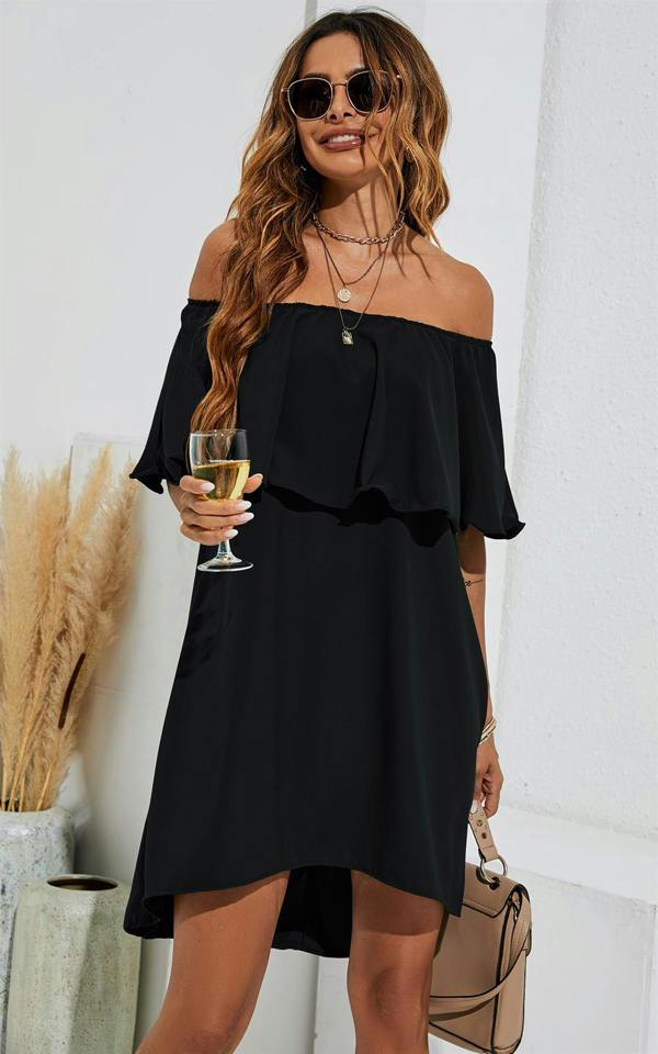 FS Collection Bardot Frill Off Shoulder Mini Dress In Black