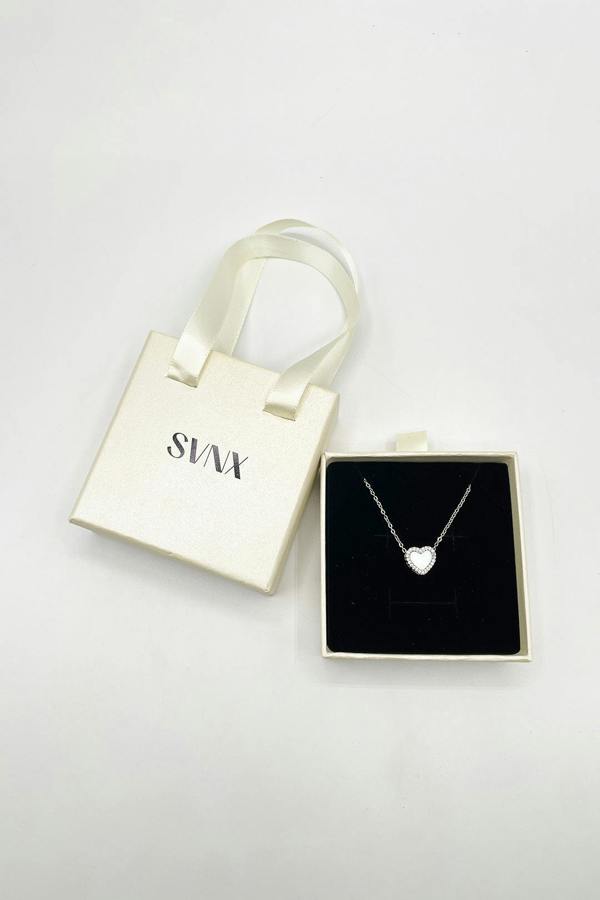 SVNX Diamante & Seashell Heart Necklace in Silver - Gift Boxed