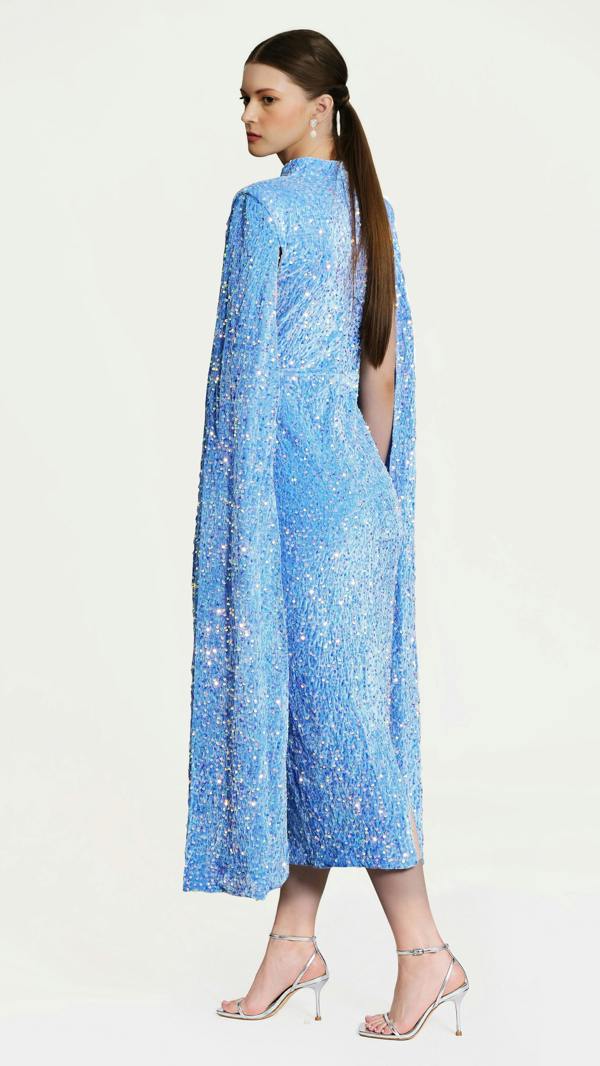LuvForever Meraki - Sky Blue Cape Sleeve Sequin Midi Dress