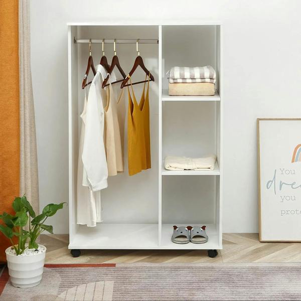 White open wardrobe with hanging rail, folded storage shelves, and rolling wheels