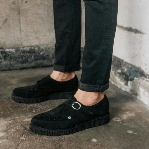TUK Footwear TUK Pointed Creeper Black Suede Monk Buckle Platform Shoes - A8139