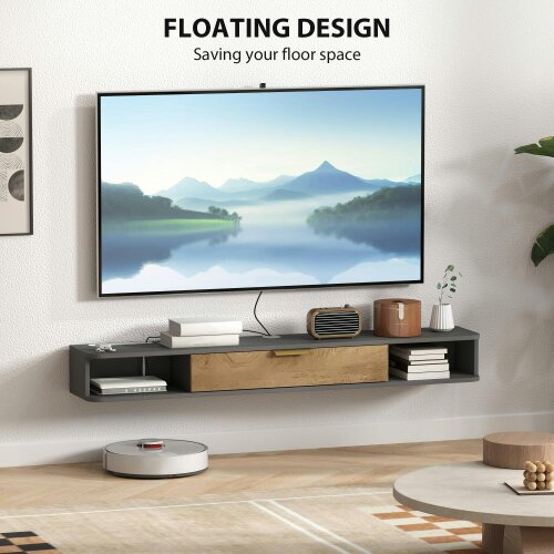 Wyld Haus Nova 140cm Wooden Charcoal Grey and Natural Floating TV Stand With Storage