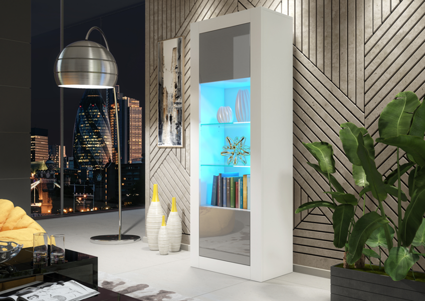Mex Furniture 170cm Modern Display Cabinet – Grey High Gloss Doors
