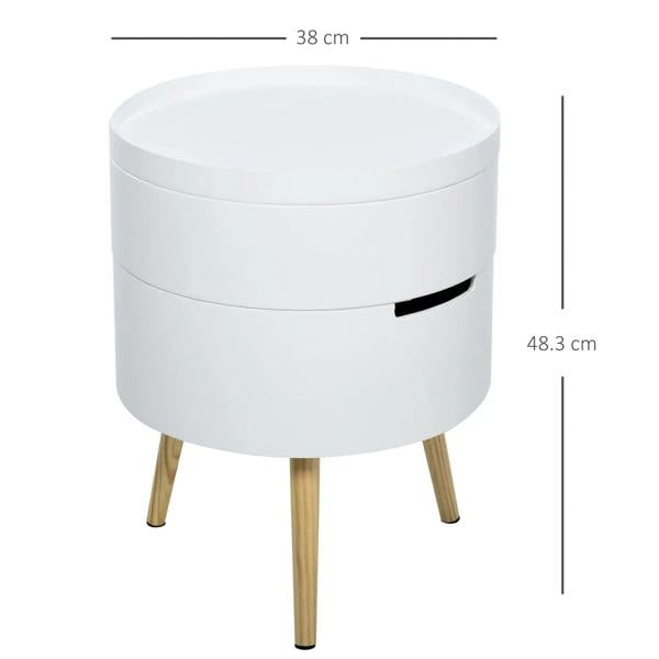 White round side table, 38 cm wide and 48.3 cm tall, with handle slot