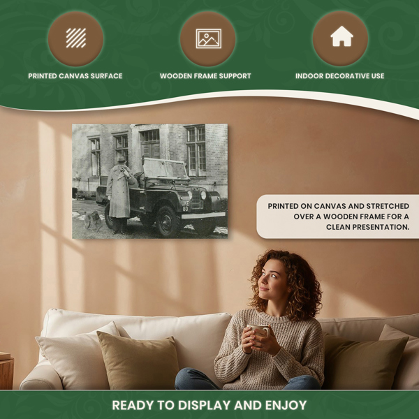 Churchill with Series 1 Land Rover Canvas Print (c.1954), Black and White Wall Art on Wooden Frame, Indoor Use Only