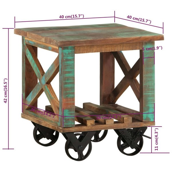 Berkfield Side Table with Wheels 40x40x42 cm Solid Wood Reclaimed