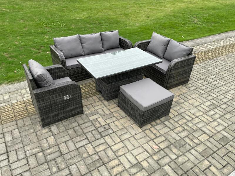 Fimous 7 Seater Rattan Garden Furniture Patio Set, Adjustable Height Table, 3 Seater Sofa, Reclining Chair, Love Sofa, Dark Grey Mixed
