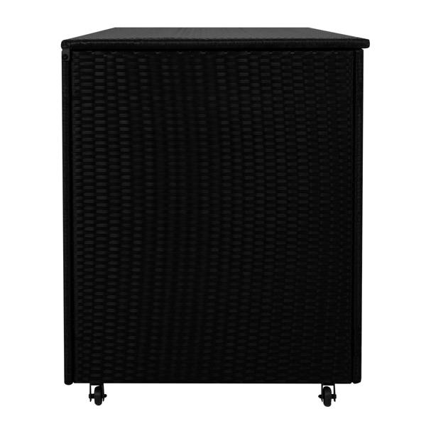 Black rattan cushion storage box with a textured weave, featuring a flat top and rolling wheels for easy mobility