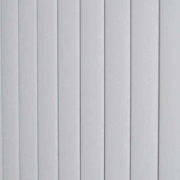 Silver Tambour shower door featuring a sleek, vertical slat design with a smooth, modern finish, ideal for contemporary bathrooms