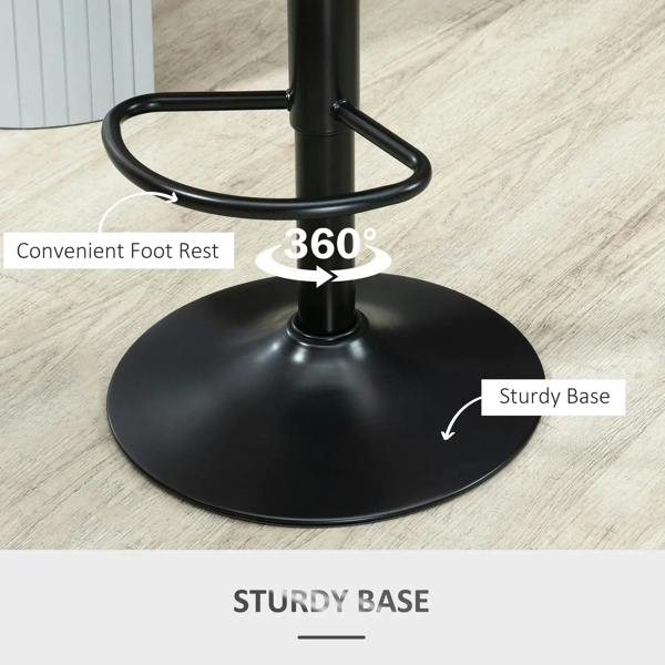 Black round pedestal base with circular footrest ring for a grey bar stool