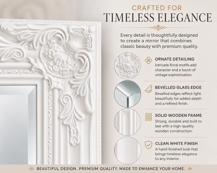 Downton Interiors Antique Style Plain White Tall Ornate Dressing Wall Mirror with Bevelled Glass 142cm