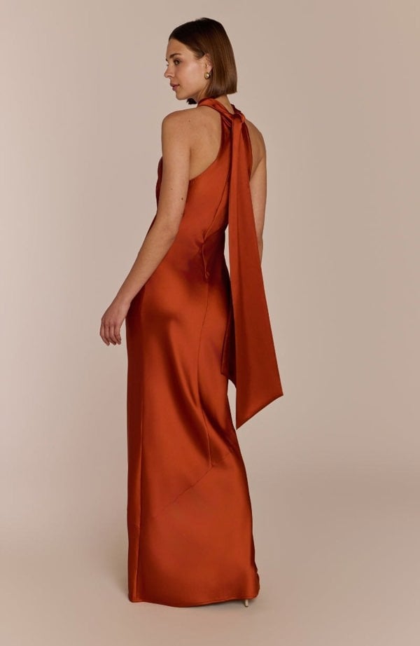 Rewritten London Roma Dress in Burnt Orange Satin
