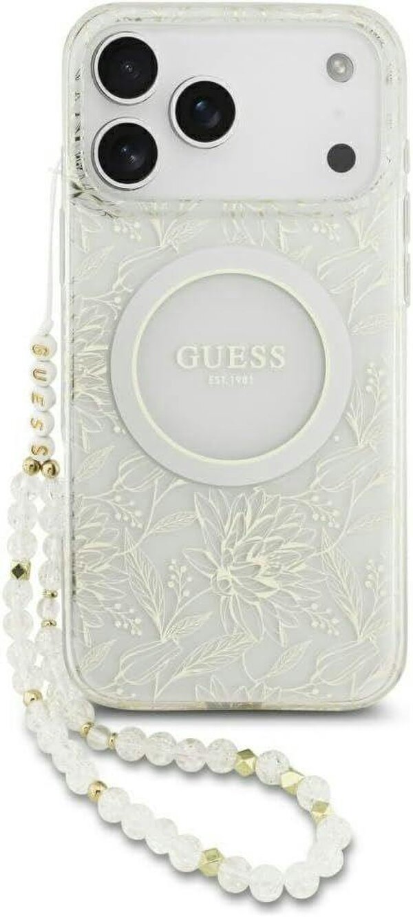 Guess IML Flowers Electro Pearl Strap MagSafe Case for iPhone 17/18 Pro Max 6.9" White - GUHMP18XHCPOFPH