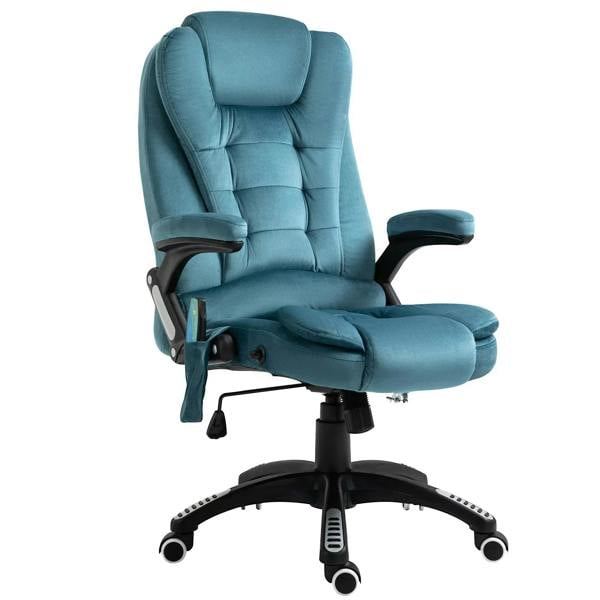 Blue velvet-feel massage recliner chair with headrest, armrests, and swivel base