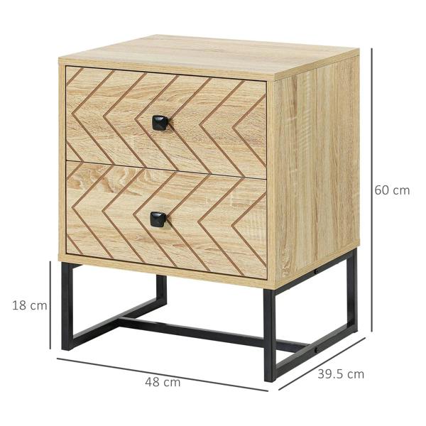 Natural wood two-drawer nightstand with zigzag design, black handles and metal legs