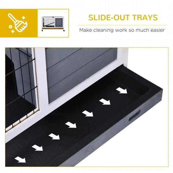 Grey wooden hutch with slide-out base tray for easier cleaning