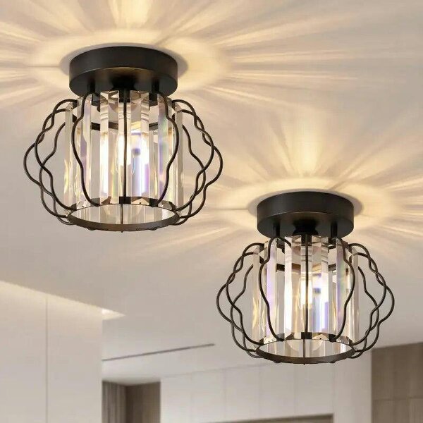 Crystal Ceiling Light Fixtures, Modern Semi-Flush Ceiling Lighting with Crystal Strips, 2 Pack, Black
