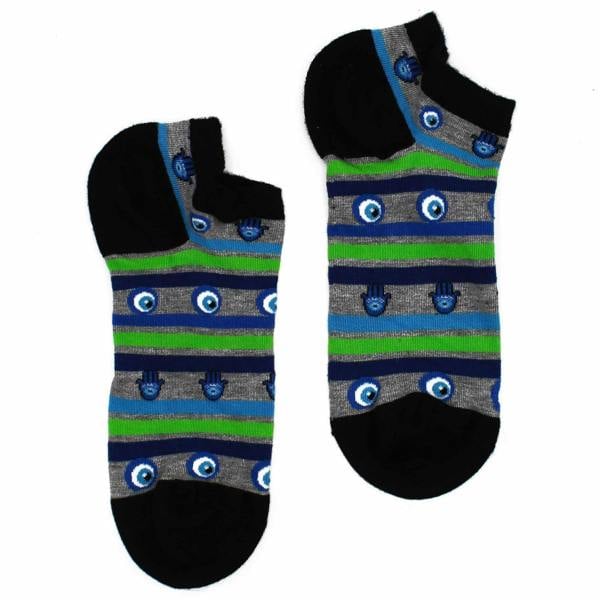 Low-cut black bamboo socks with blue-green stripes and evil eye designs