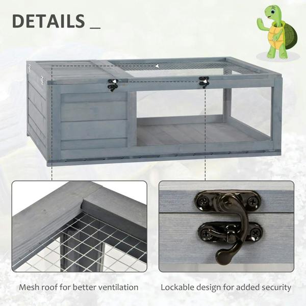Grey wooden reptile enclosure with mesh roof and lockable metal latches across the top