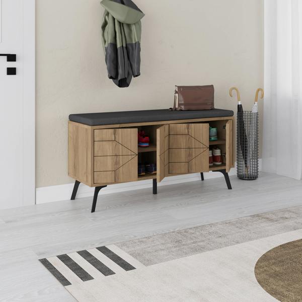 Decortie Modern Dune Shoe Storage Bench with Fabric Seat 4 Doors Cabinet 107(W)cm Metal Legs Organizer Hallway