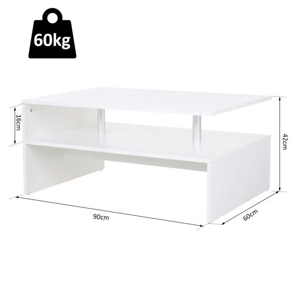 White 2-tier coffee table with open shelf and aluminum poles, square tabletop
