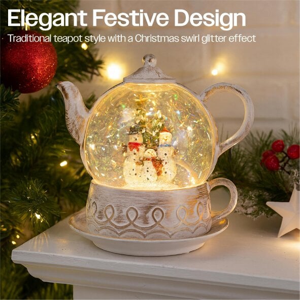 Scotts of Stow Xmas Haus Snow Swirl Festive Christmas Glitter LED Teapot