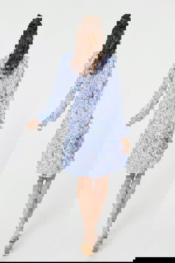 Blue | Printed High Neck Short Shirt Dress
