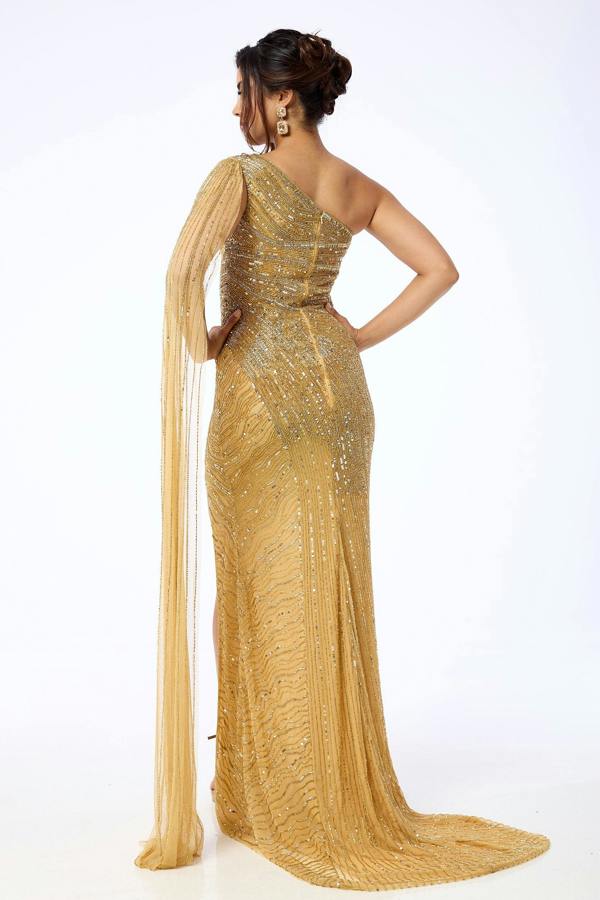 LuvForever Orelena - Gold One Shoulder Drape Sequin Maxi Dress