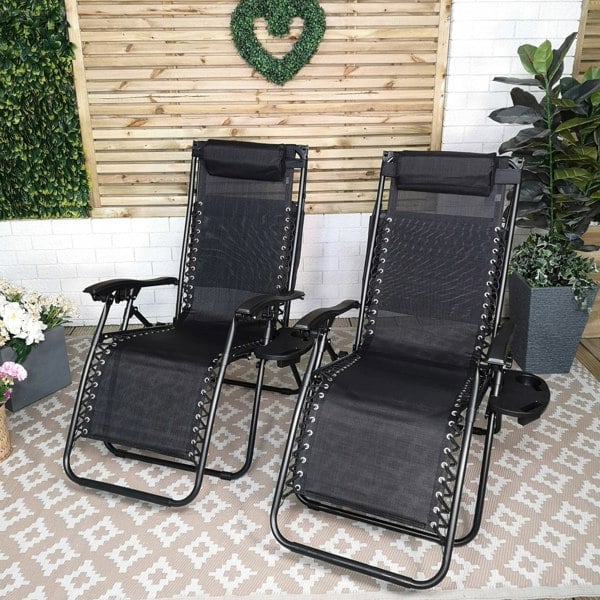 Samuel Alexander Set of 2 Multi Position Garden Gravity Relaxer Chair Sun Lounger with Sun Canopy in Black