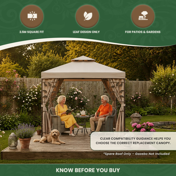The Garden Marketplace Spare Roof Cover for 2.5m Square Leaf Design Garden Gazebo, Beige 180g Fade-Resistant Polyester Canopy with Wind Vent