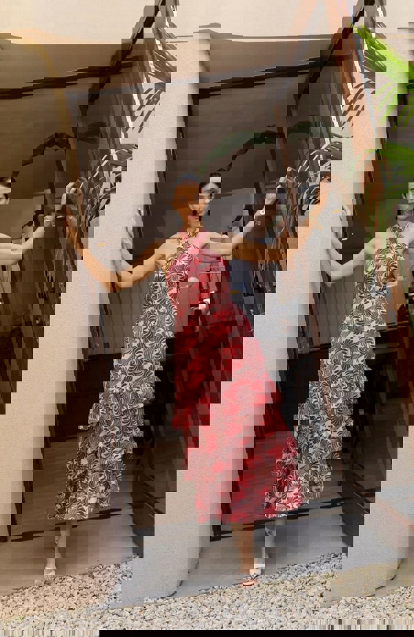 Rewritten London Jamie Dress in Pink Fan Print