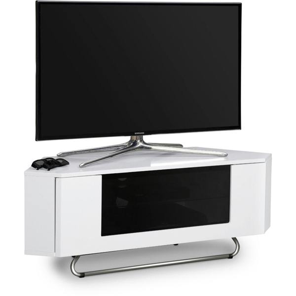 Homeology Hampshire Corner-Friendly Gloss White with Black Glass Beam-Thru Remote Friendly Door 26"-50" Flat Screen TV Cabinet