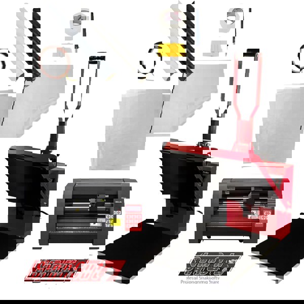 Clam Heat Press 38x38cm with red handle, vinyl cutter, tools, and materials for crafting, showcasing essential sign-making equipment