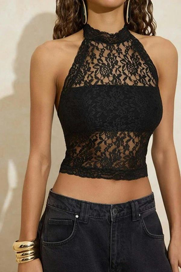 WOVCOR Lace Half-Lined Halter Neck Party Blouse