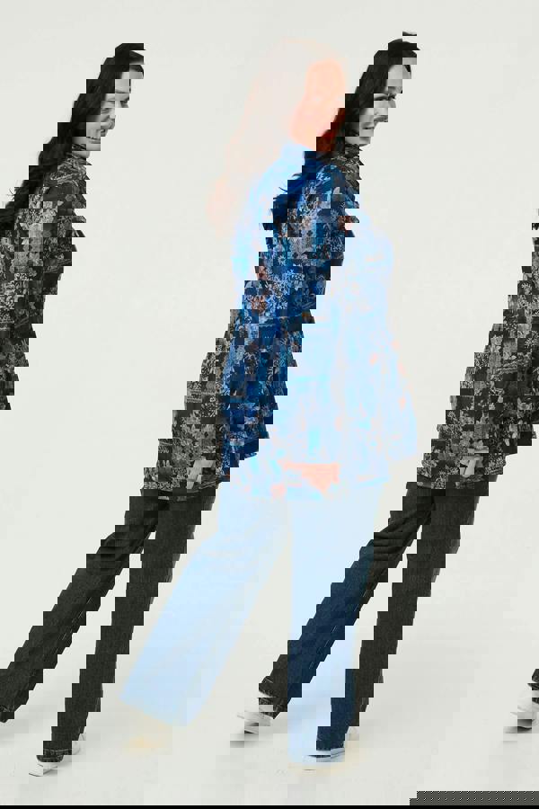 Blue | Curve Printed Cowl Neck Long Sleeve Tunic Top