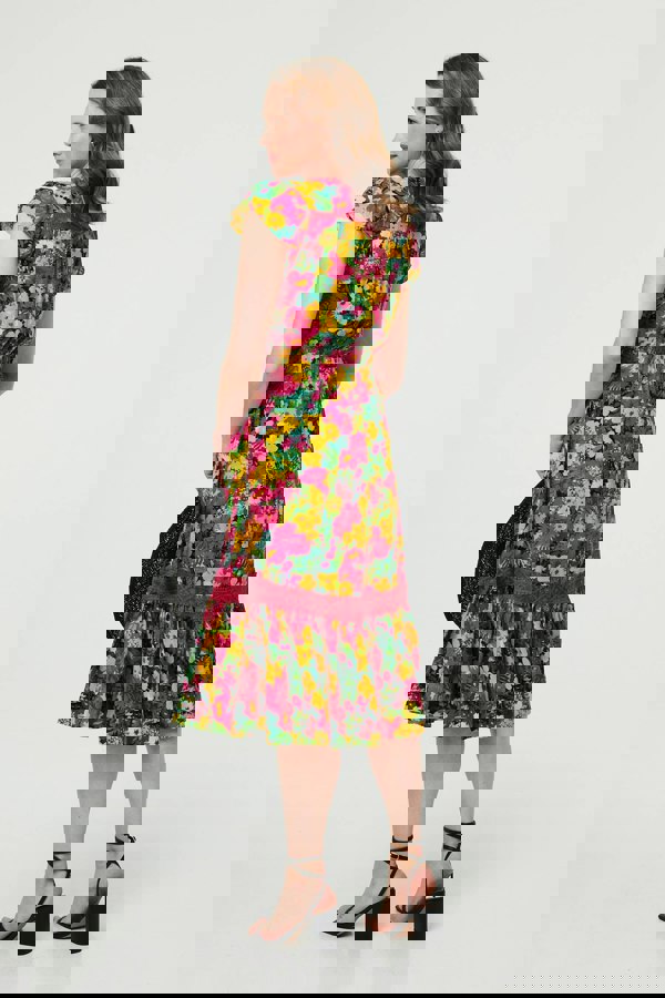 Green | Floral Lace Trim Cap Sleeve Midi Dress
