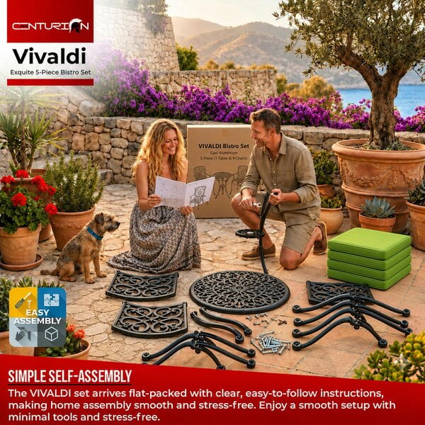 Centurion Supports VIVALDI Black 5-Piece Cast Aluminium Garden Bistro Set - with Green Cushions