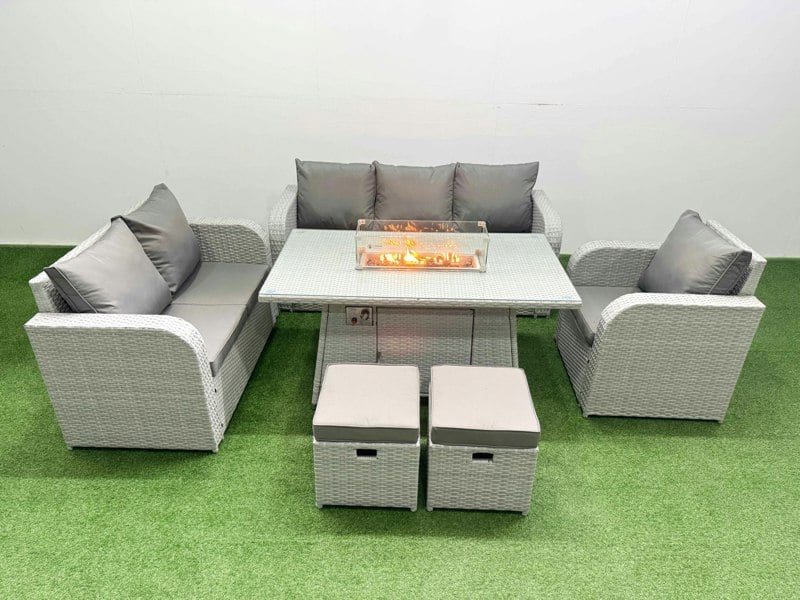 Fimous Patio 8 Seater Outdoor Rattan Furniture Sofa Sets with Fire Pit Dining Table Reclining Chair Loveseat Sofa 3 Seater Sofa Stool Light Grey